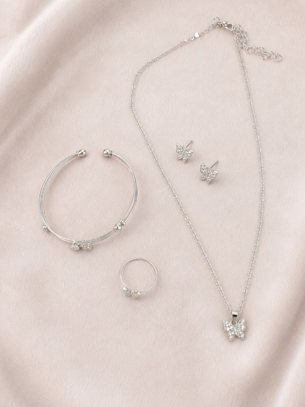 Silver Butterfly Jewelry Set - Necklace, Bracelet, Ring & Studs